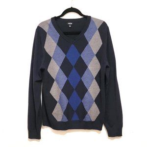 Mens V-Neck Argyle Apt. 9 Sweater Wool Acrylic Navy Gray Pullover  L